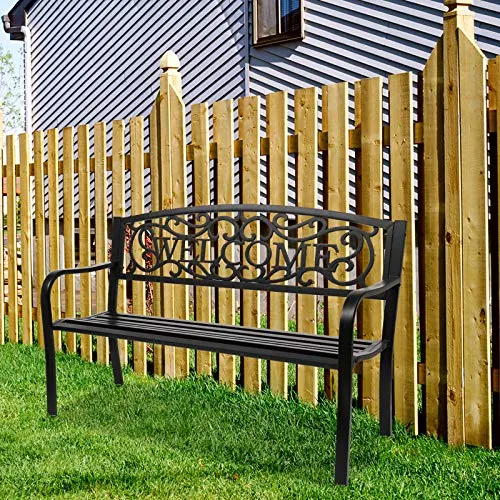 VINGLI 50" Patio Outdoor Metal Welcome Bench,Powder Coated Cast Iron Steel for Garden Path Yard Lawn Work Entryway Decor Deck, Black