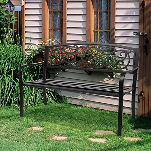VINGLI 50" Patio Outdoor Metal Welcome Bench,Powder Coated Cast Iron Steel for Garden Path Yard Lawn Work Entryway Decor Deck, Black