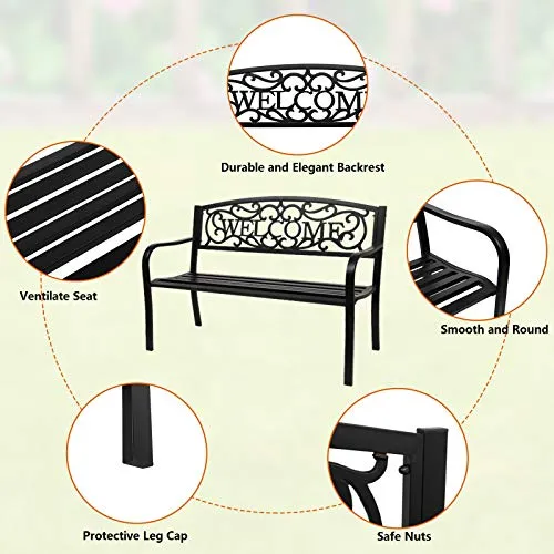 VINGLI 50" Patio Outdoor Metal Welcome Bench,Powder Coated Cast Iron Steel for Garden Path Yard Lawn Work Entryway Decor Deck, Black