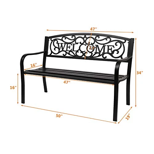VINGLI 50" Patio Outdoor Metal Welcome Bench,Powder Coated Cast Iron Steel for Garden Path Yard Lawn Work Entryway Decor Deck, Black