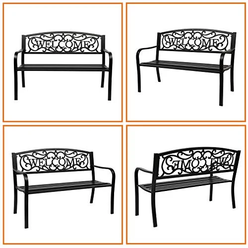 VINGLI 50" Patio Outdoor Metal Welcome Bench,Powder Coated Cast Iron Steel for Garden Path Yard Lawn Work Entryway Decor Deck, Black