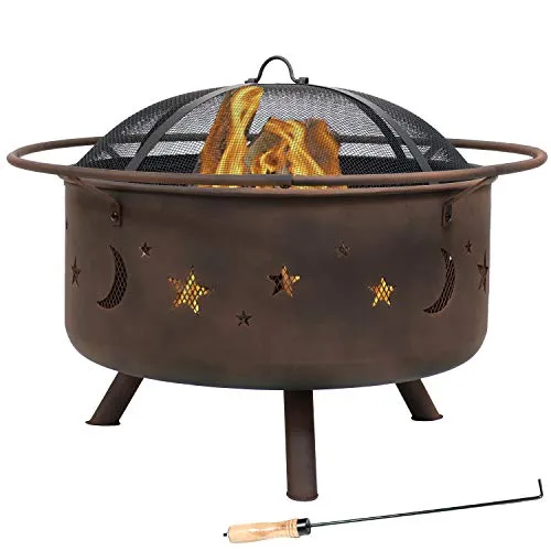Sunnydaze Cosmic Outdoor Fire Pit - 30 Inch Round Bonfire Wood Burning Patio & Backyard Firepit for Outside with Cooking BBQ Grill Grate, Spark Screen, and Fireplace Poker, Celestial Design