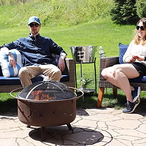 Sunnydaze Cosmic Outdoor Fire Pit - 30 Inch Round Bonfire Wood Burning Patio & Backyard Firepit for Outside with Cooking BBQ Grill Grate, Spark Screen, and Fireplace Poker, Celestial Design