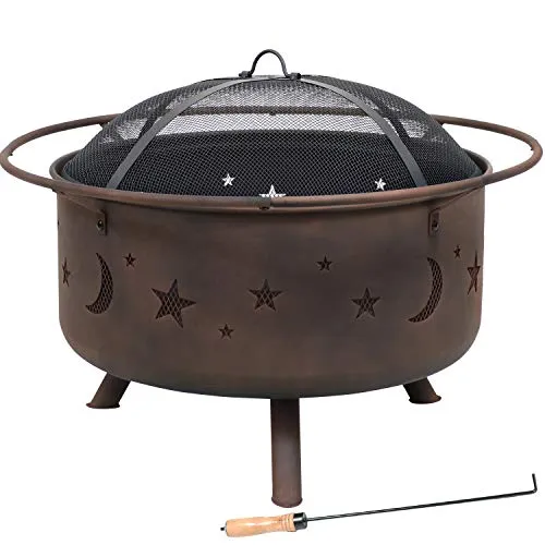 Sunnydaze Cosmic Outdoor Fire Pit - 30 Inch Round Bonfire Wood Burning Patio & Backyard Firepit for Outside with Cooking BBQ Grill Grate, Spark Screen, and Fireplace Poker, Celestial Design