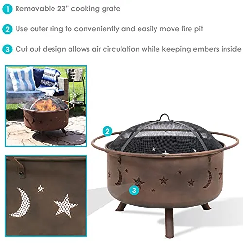 Sunnydaze Cosmic Outdoor Fire Pit - 30 Inch Round Bonfire Wood Burning Patio & Backyard Firepit for Outside with Cooking BBQ Grill Grate, Spark Screen, and Fireplace Poker, Celestial Design