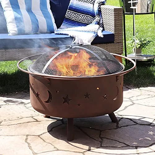 Sunnydaze Cosmic Outdoor Fire Pit - 30 Inch Round Bonfire Wood Burning Patio & Backyard Firepit for Outside with Cooking BBQ Grill Grate, Spark Screen, and Fireplace Poker, Celestial Design