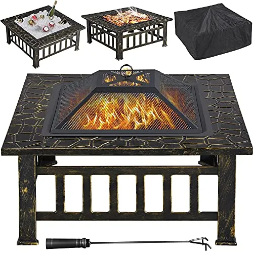 Yaheetech Outdoor Fire Pit 32in Steel Fire Pits Bonfire Firepit Patio BBQ Camping Bronze Outdoor Fireplace with Spark Screen, Mesh Cover Poker, Bronze