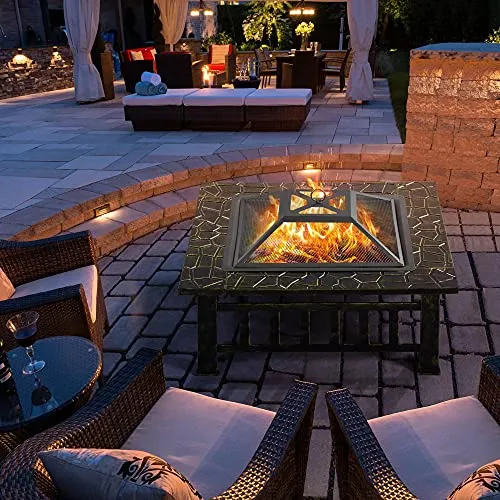 Yaheetech Outdoor Fire Pit 32in Steel Fire Pits Bonfire Firepit Patio BBQ Camping Bronze Outdoor Fireplace with Spark Screen, Mesh Cover Poker, Bronze