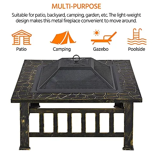 Yaheetech Outdoor Fire Pit 32in Steel Fire Pits Bonfire Firepit Patio BBQ Camping Bronze Outdoor Fireplace with Spark Screen, Mesh Cover Poker, Bronze