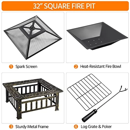 Yaheetech Outdoor Fire Pit 32in Steel Fire Pits Bonfire Firepit Patio BBQ Camping Bronze Outdoor Fireplace with Spark Screen, Mesh Cover Poker, Bronze