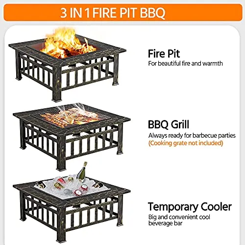 Yaheetech Outdoor Fire Pit 32in Steel Fire Pits Bonfire Firepit Patio BBQ Camping Bronze Outdoor Fireplace with Spark Screen, Mesh Cover Poker, Bronze