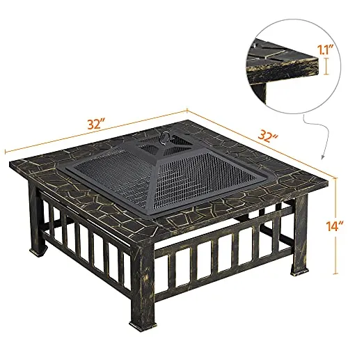 Yaheetech Outdoor Fire Pit 32in Steel Fire Pits Bonfire Firepit Patio BBQ Camping Bronze Outdoor Fireplace with Spark Screen, Mesh Cover Poker, Bronze