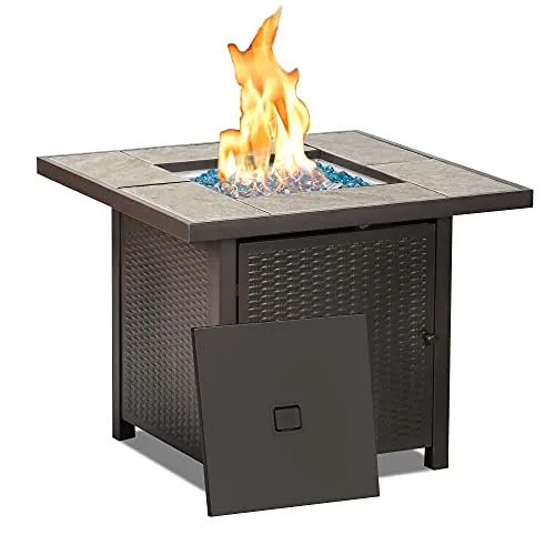 BALI OUTDOORS Propane Gas Fire Pit Table, 32 inch 50,000 BTU Square Gas Firepits for Outside, Brown