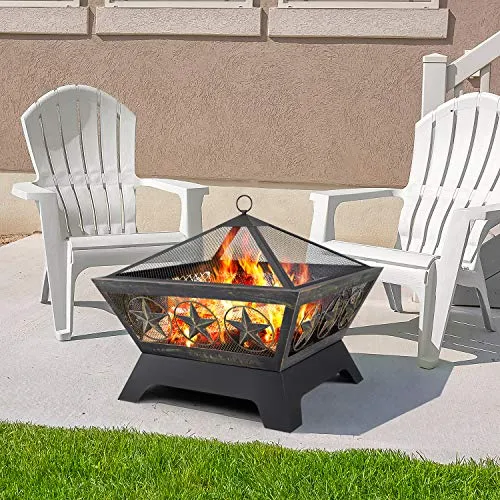 Amagabeli Fire Pit Outdoor Wood Burning 24in Firepit Firebowl Fireplace Poker Spark Screen Retardant Mesh Lid Extra Deep Large Square Outside Backyard Deck Heavy Duty Metal Grate Rustproof Bronze