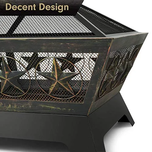 Amagabeli Fire Pit Outdoor Wood Burning 24in Firepit Firebowl Fireplace Poker Spark Screen Retardant Mesh Lid Extra Deep Large Square Outside Backyard Deck Heavy Duty Metal Grate Rustproof Bronze