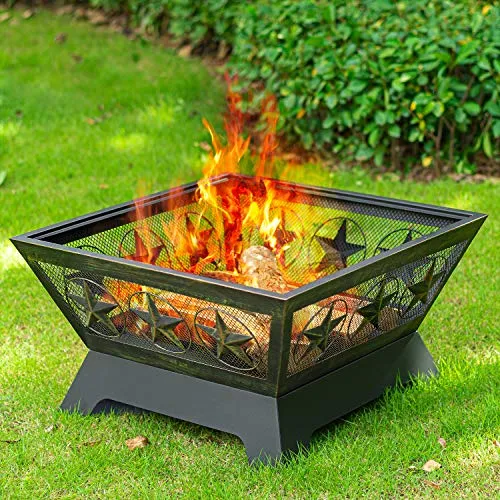 Amagabeli Fire Pit Outdoor Wood Burning 24in Firepit Firebowl Fireplace Poker Spark Screen Retardant Mesh Lid Extra Deep Large Square Outside Backyard Deck Heavy Duty Metal Grate Rustproof Bronze