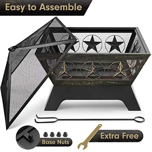 Amagabeli Fire Pit Outdoor Wood Burning 24in Firepit Firebowl Fireplace Poker Spark Screen Retardant Mesh Lid Extra Deep Large Square Outside Backyard Deck Heavy Duty Metal Grate Rustproof Bronze