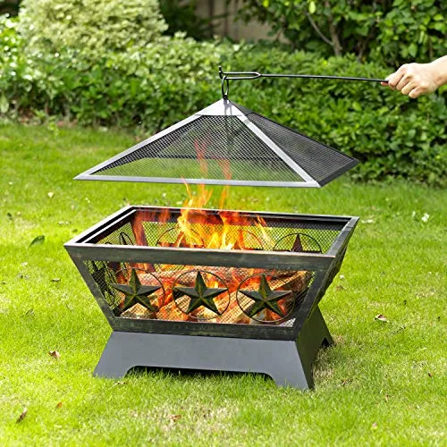 Amagabeli Fire Pit Outdoor Wood Burning 24in Firepit Firebowl Fireplace Poker Spark Screen Retardant Mesh Lid Extra Deep Large Square Outside Backyard Deck Heavy Duty Metal Grate Rustproof Bronze