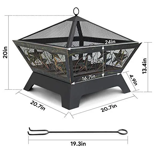 Amagabeli Fire Pit Outdoor Wood Burning 24in Firepit Firebowl Fireplace Poker Spark Screen Retardant Mesh Lid Extra Deep Large Square Outside Backyard Deck Heavy Duty Metal Grate Rustproof Bronze