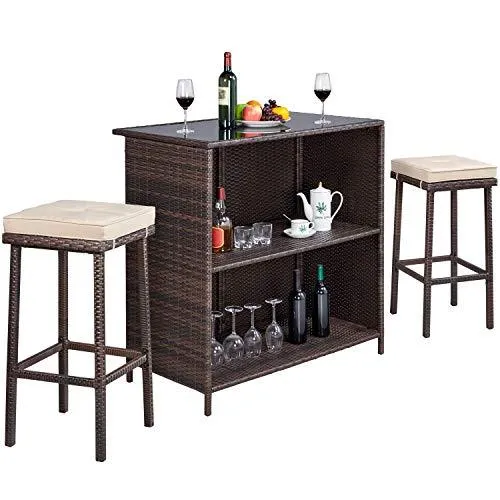 YAHEETECH 3pcs Patio Bar Set with Rattan Wicker, Outdoor Conversation Set Patio Furniture with 2 Cushions Stools & Glass Top Table