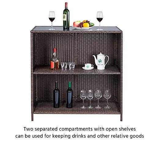 YAHEETECH 3pcs Patio Bar Set with Rattan Wicker, Outdoor Conversation Set Patio Furniture with 2 Cushions Stools & Glass Top Table