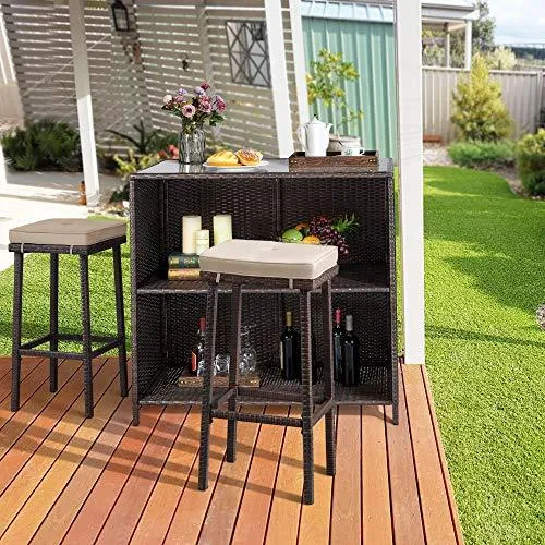 YAHEETECH 3pcs Patio Bar Set with Rattan Wicker, Outdoor Conversation Set Patio Furniture with 2 Cushions Stools & Glass Top Table