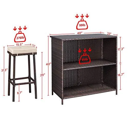 YAHEETECH 3pcs Patio Bar Set with Rattan Wicker, Outdoor Conversation Set Patio Furniture with 2 Cushions Stools & Glass Top Table