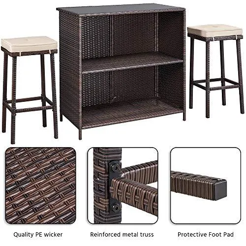 YAHEETECH 3pcs Patio Bar Set with Rattan Wicker, Outdoor Conversation Set Patio Furniture with 2 Cushions Stools & Glass Top Table