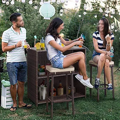 YAHEETECH 3pcs Patio Bar Set with Rattan Wicker, Outdoor Conversation Set Patio Furniture with 2 Cushions Stools & Glass Top Table