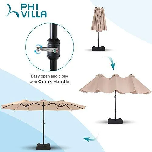 PHI VILLA 15ft Patio Umbrella Double-Sided Outdoor Market Extra Large Umbrella with Crank, Umbrella Base Included (Beige)
