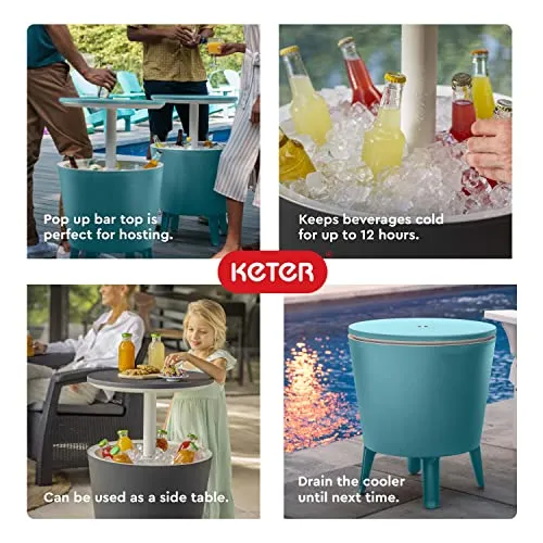 Keter Modern Cool Bar Outdoor Patio Furniture and Hot Tub Side Table with 7.5 Gallon Beer and Wine Cooler, Teal
