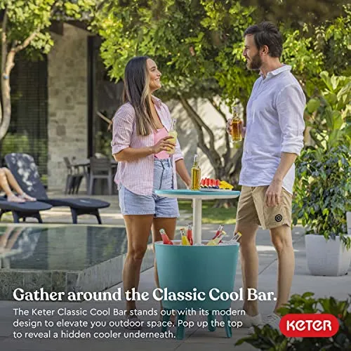 Keter Modern Cool Bar Outdoor Patio Furniture and Hot Tub Side Table with 7.5 Gallon Beer and Wine Cooler, Teal