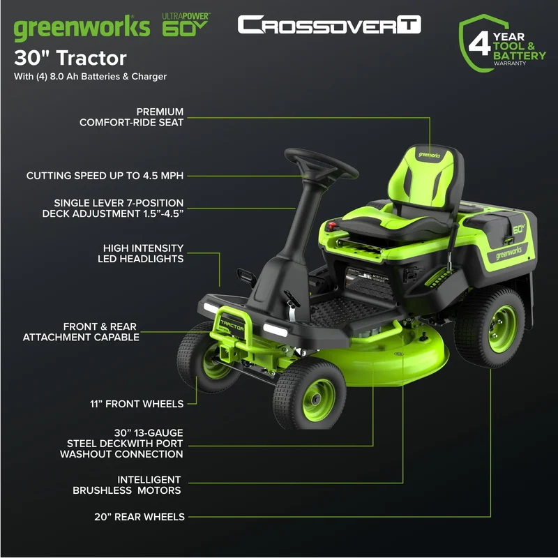 60V 30" CrossoverT Riding Lawn Tractor, (4) 8.0Ah Batteries & 600W Charger Included | CRT3062