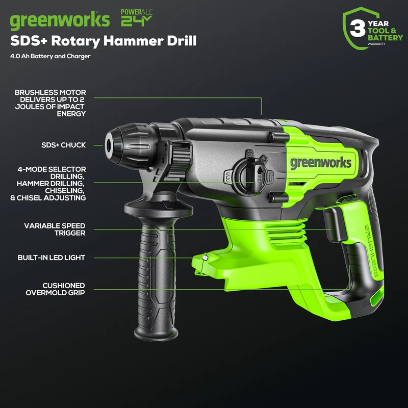 24V SDS Plus Rotary Hammer, 4.0Ah USB Battery and Charger Included