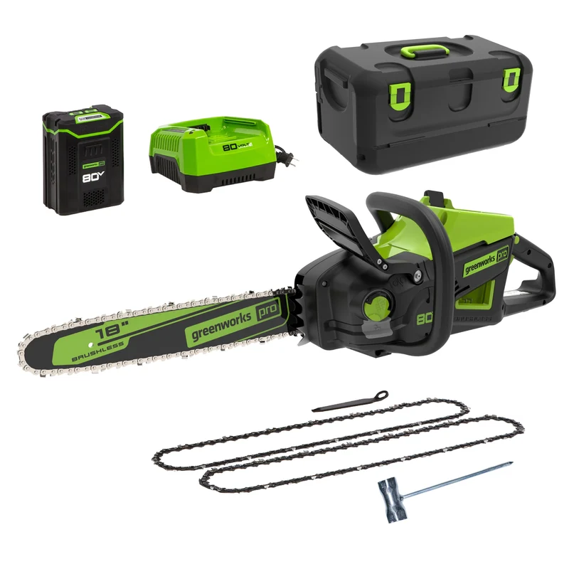 80V 18" 2.5kW Chainsaw, 4.0Ah Battery and Charger Included BONUS: (2) Extra Chains and Carrying Case