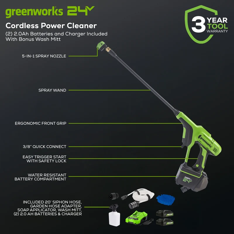 24V 600 PSI Cordless Pressure Washer Kit, (2) 2.0Ah Battery and Charger Included BONUS: Wash Mitt Included
