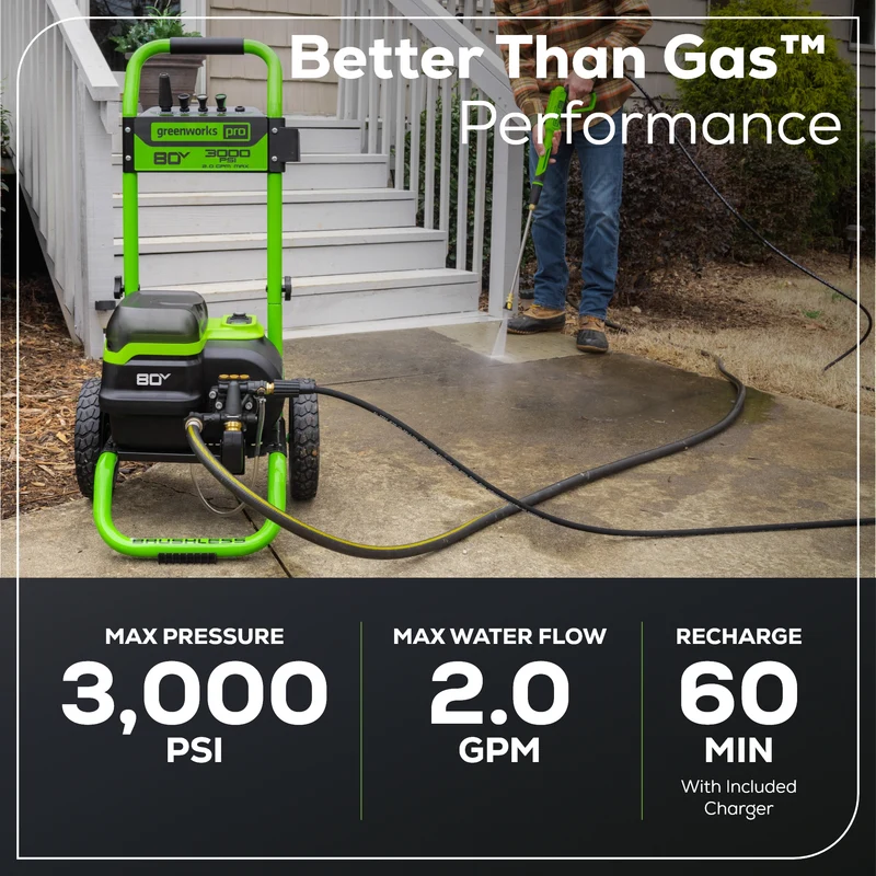 80V 3000 PSI 2.0 GPM Brushless Pressure Washer, (2) 4.0Ah Batteries and Dual Port Charger Included