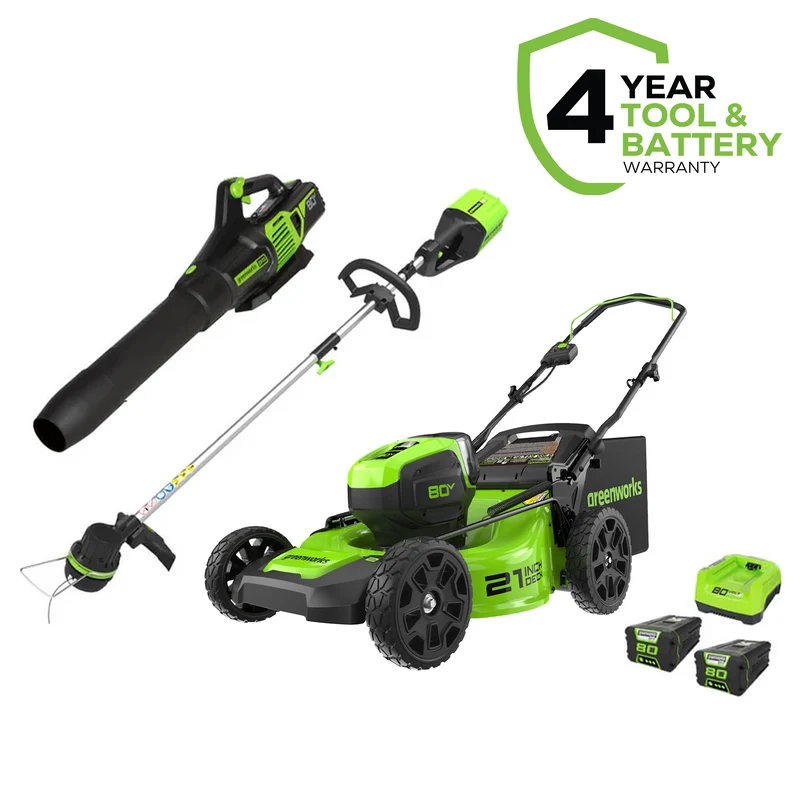 Greenworks 80V TRIO Combo 21-in Brushless Push Mower & 16-in Brushless String Trimmer & 730 CFM - 170 MPH Brushless Blower Combo, (2) 2.0Ah Batteries and 4A Rapid Charger Included