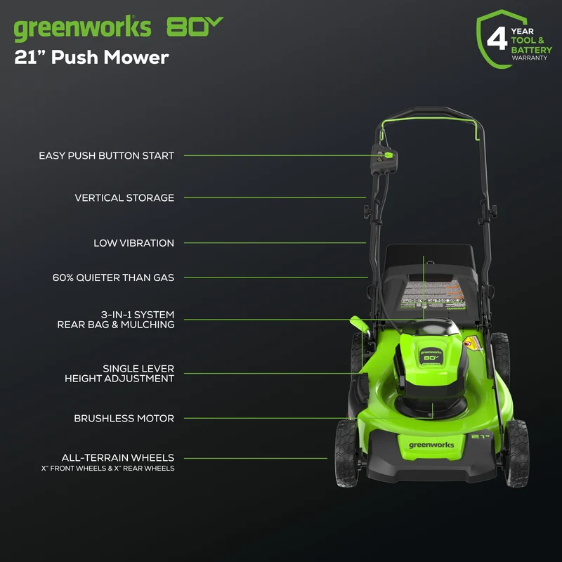 Greenworks 80V TRIO Combo 21-in Brushless Push Mower & 16-in Brushless String Trimmer & 730 CFM - 170 MPH Brushless Blower Combo, (2) 2.0Ah Batteries and 4A Rapid Charger Included