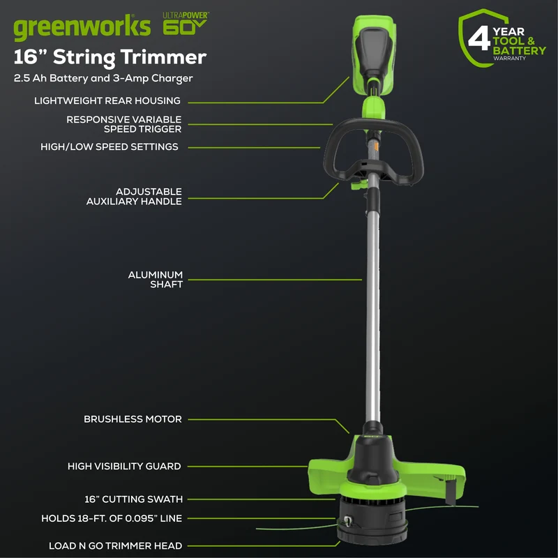 60V 16" Brushless Battery String Trimmer, 2.5Ah Battery and Charger Included
