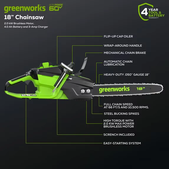 60V 18" 2.0kW Brushless Chainsaw, 4.0Ah Battery & Charger Included