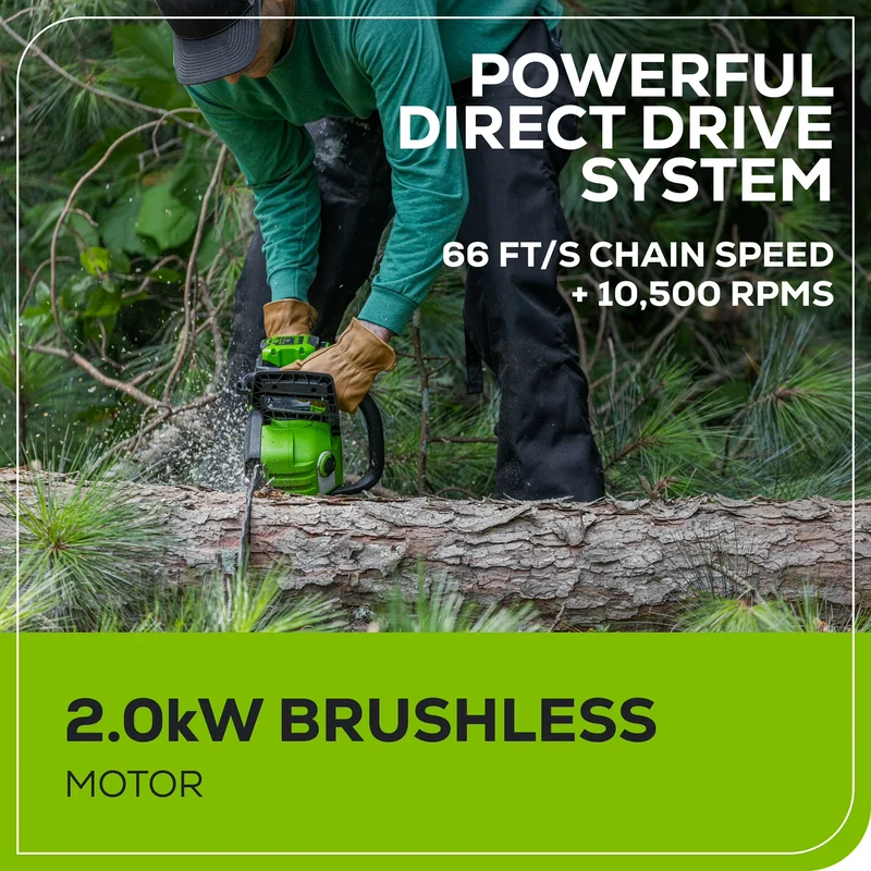 60V 18" 2.0kW Brushless Chainsaw, 4.0Ah Battery & Charger Included
