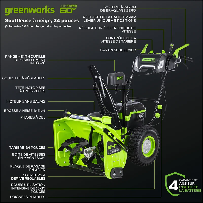 60V 24" Dual Stage Snow Thrower, (3) 5.0Ah Batteries and Dual Port Charger Included