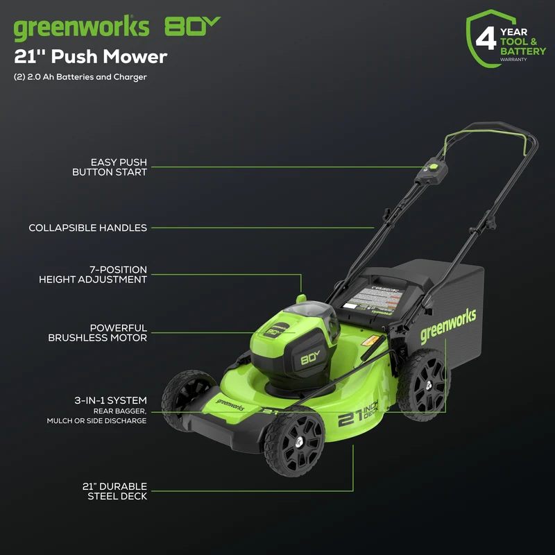 80V 21" Brushless Lawn Mower, (2) 2.0Ah Batteries and Charger Included - GLM801601