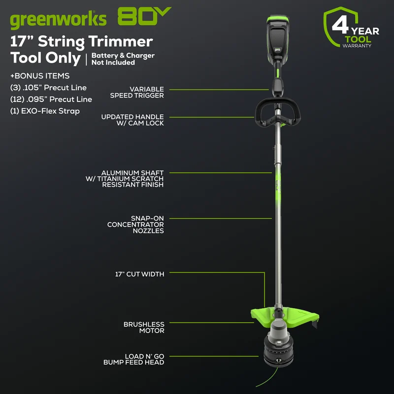 80V 17" Brushless String Trimmer (Tool Only) BONUS: Shoulder Strap and Extra Line