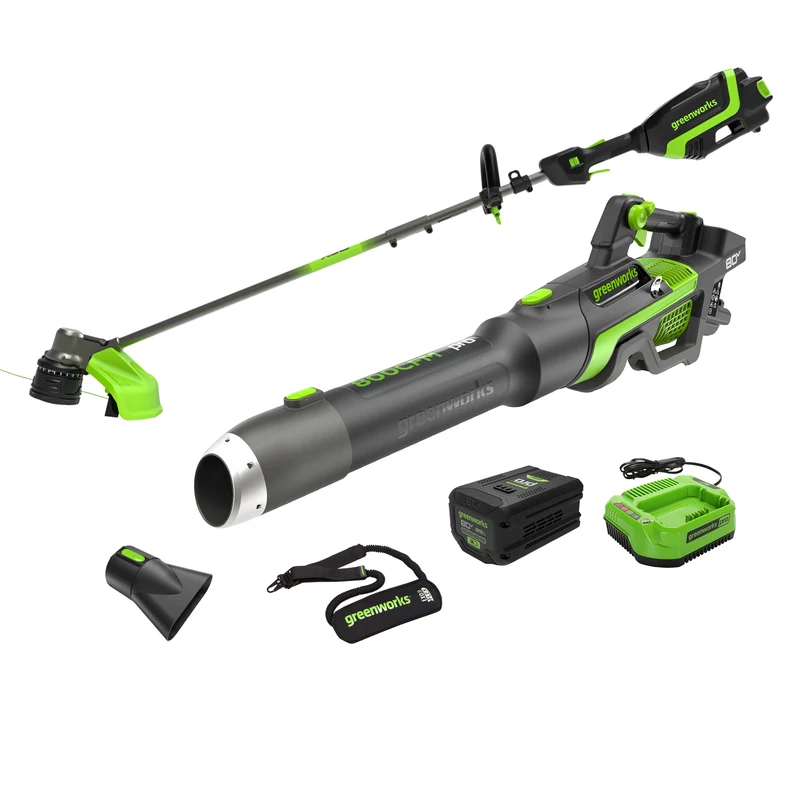 80V 800 CFM Brushless Blower & 17" Front Mount String Trimmer Combo Kit, 2.5Ah Battery and Charger Included