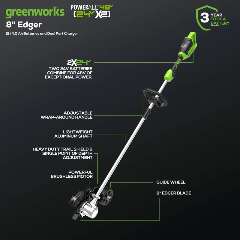48V (24V x 2) 8" Brushless Cordless Edger, (2) 4.0Ah USB Batteries and Dual Port Rapid Charger Included