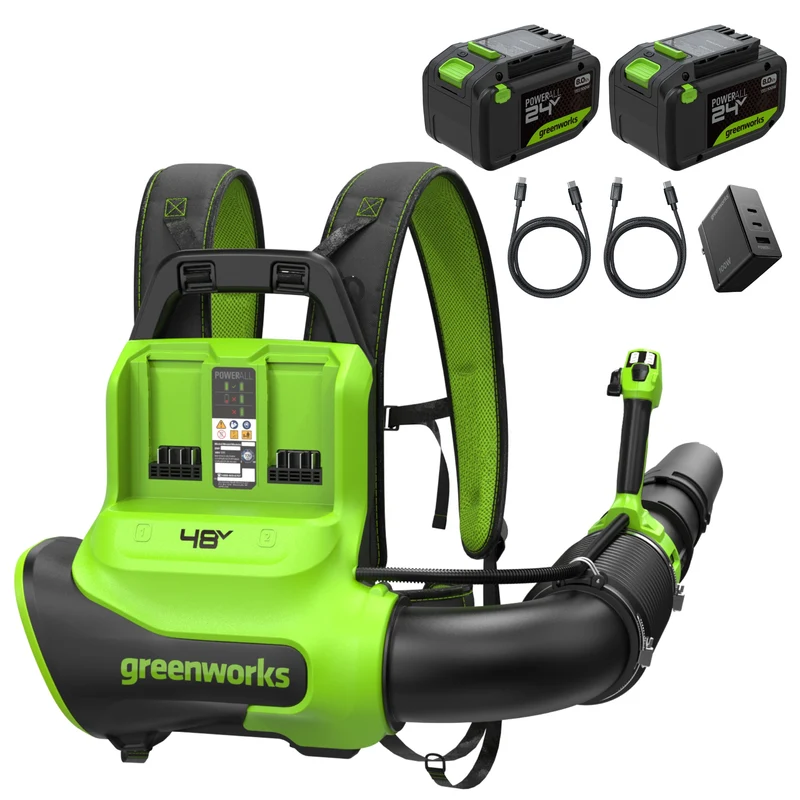 48V (24V x 2) Brushless Backpack Blower 730 CFM - 185 MPH, (2) 8.0Ah Batteries and 100W Type-C Charger with (2) 3-FT Cords Included