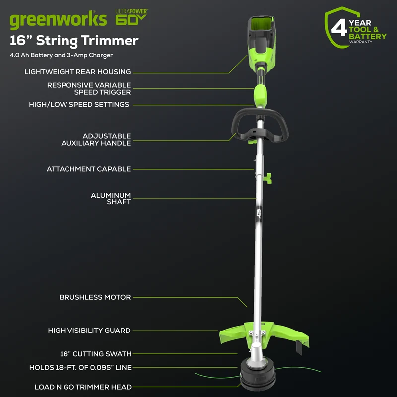 60V 16" Top Mount String Trimmer, (1) 4.0 Ah Battery & 3 Amp Charger Included