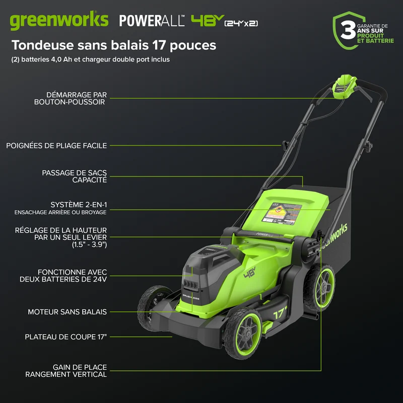 48V (24V x 2) 17" Brushless Mower & Blower & Trimmer Combo Kit, (2) 4.0Ah Batteries and 65W Type-C Charger with (2) 3-FT Cables Included